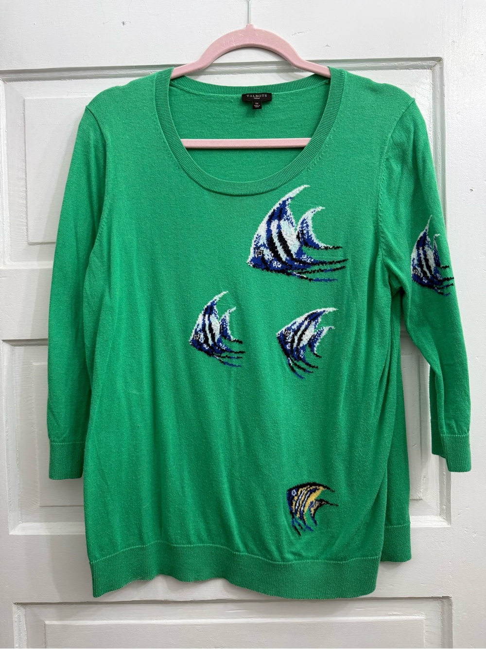 Talbots Green Scoop Neck Sweater with Angelfish Embroidery